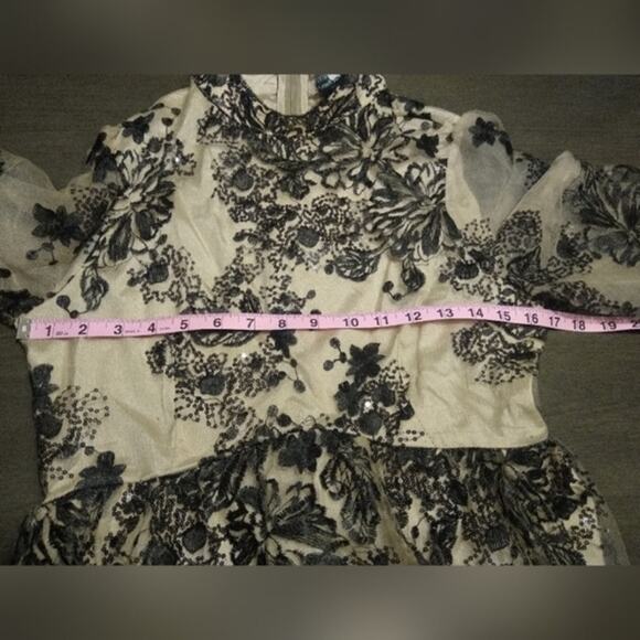 Vicky and Lucas Puff Sleeve Embroidered Floral Black Lace Mesh Dress - Picture 8 of 16